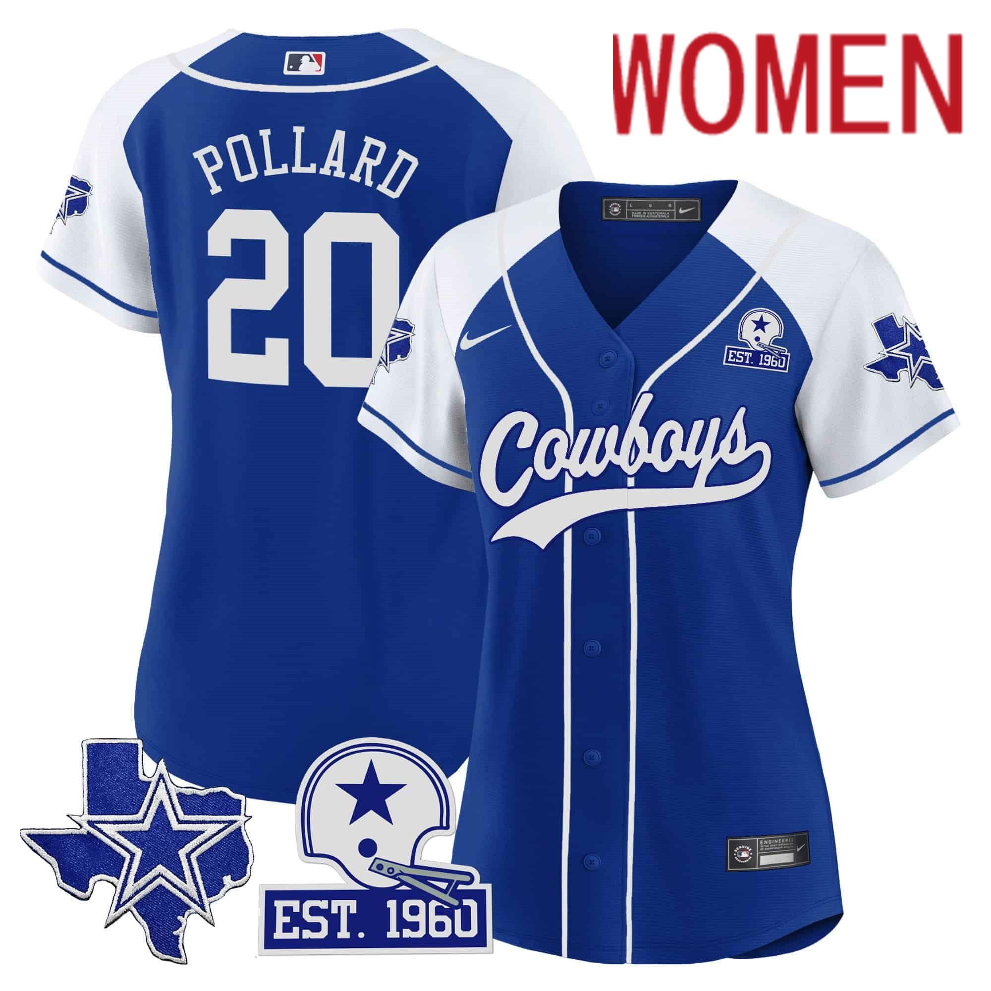 Women Dallas Cowboys #20 Pollard Blue 2024 Nike Patch Baseball NFL Jersey style 1